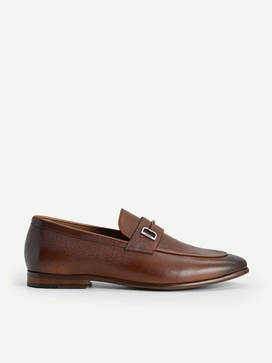 Clearance Textured Leather Loafers With Metal Bit Loafers